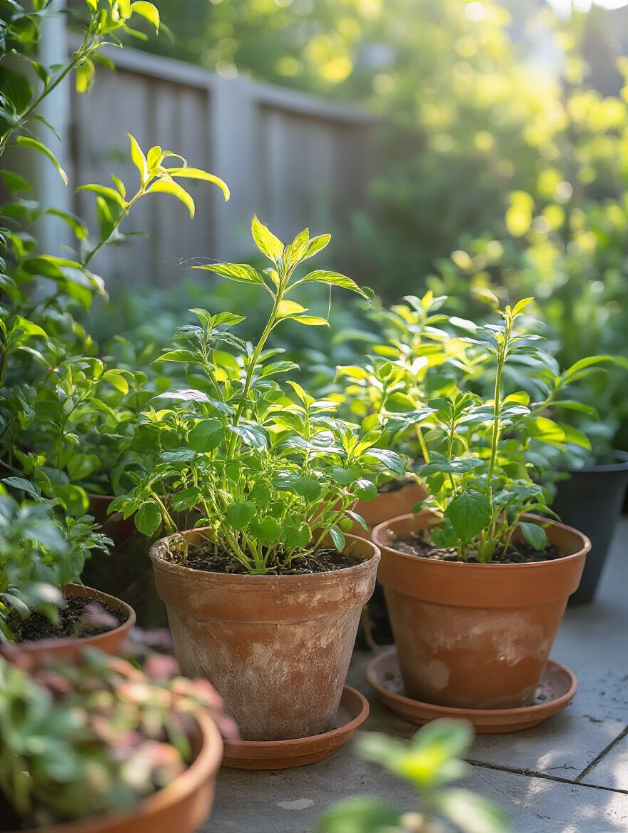 Close-up portrait image of healthy patio garden plants showing early signs of pests like tiny webs and specks on leaves under natural morning light