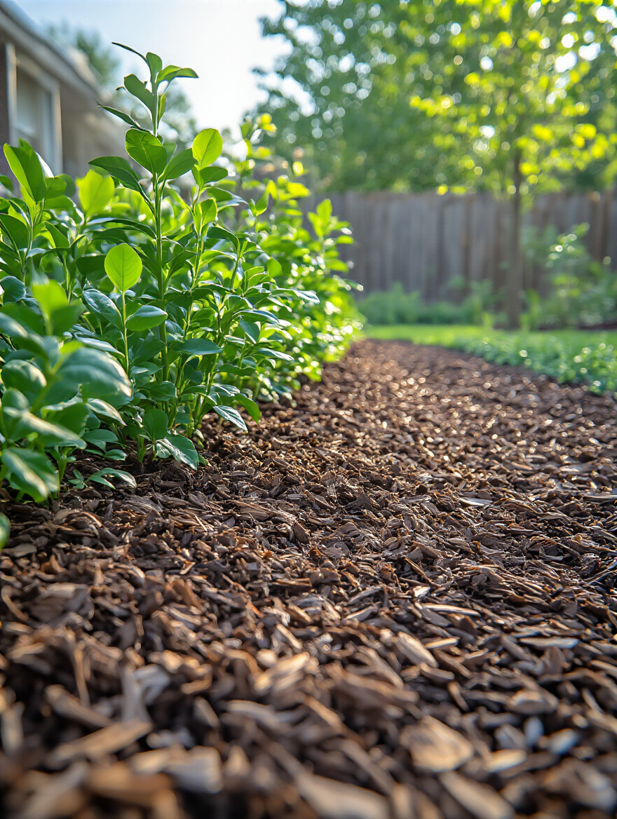 Close-up portrait of a backyard garden bed with organic mulch evenly spread around plants to conserve water and suppress weeds