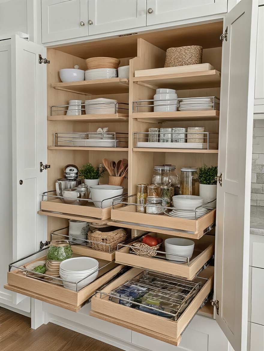 Organized kitchen cabinet with pull-out shelves displaying neatly arranged kitchen items.