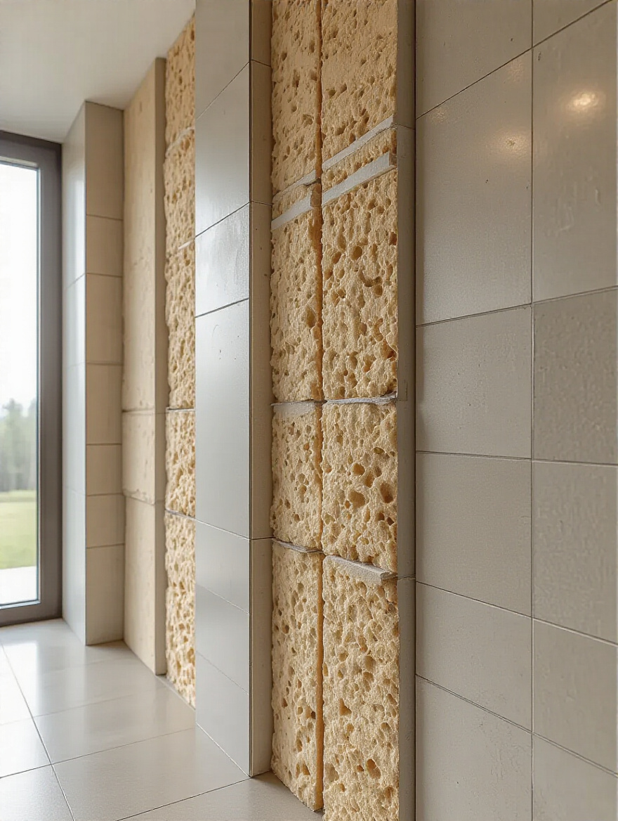 Cross-section of bathroom wall showing soundproofing layers including insulation, MLV, and resilient channels behind modern wall tiles