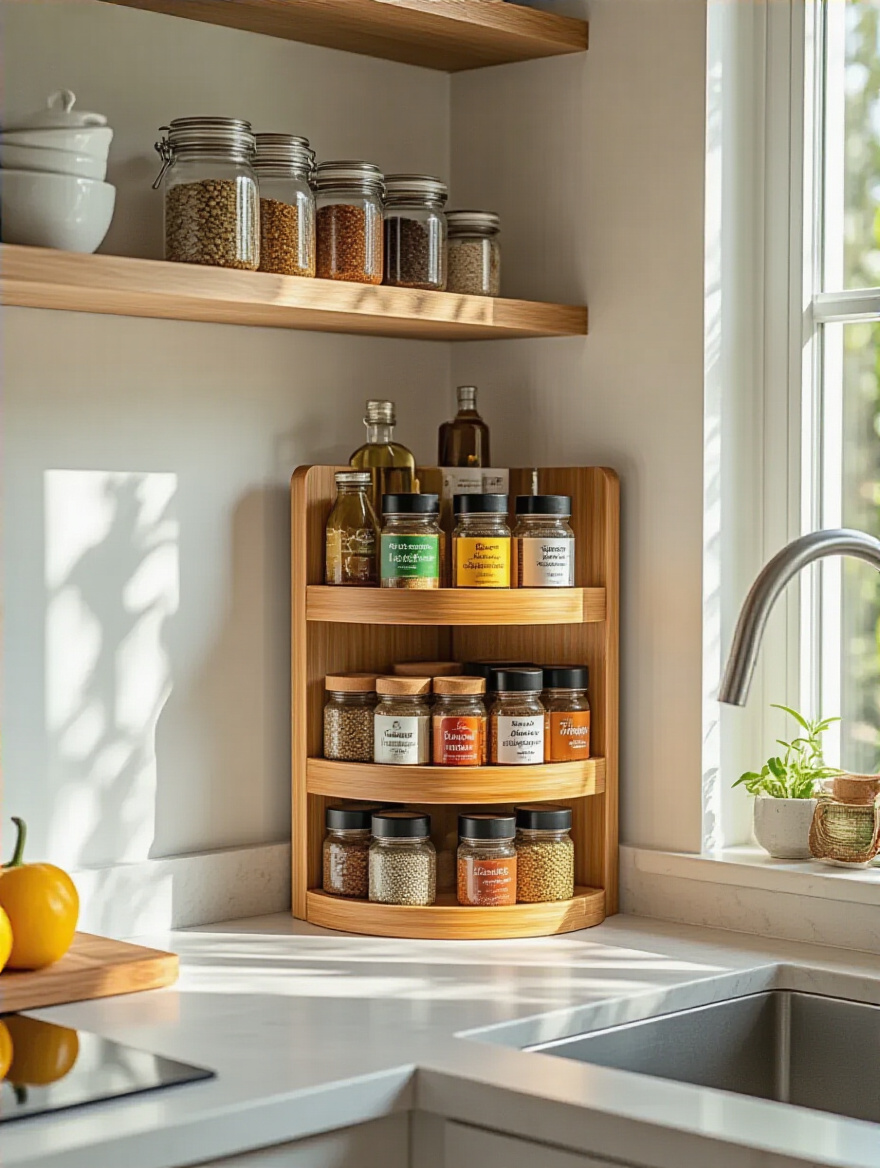 Multi-level bamboo tiered corner organizer on a kitchen countertop with neatly arranged spices and cooking oils under natural lighting