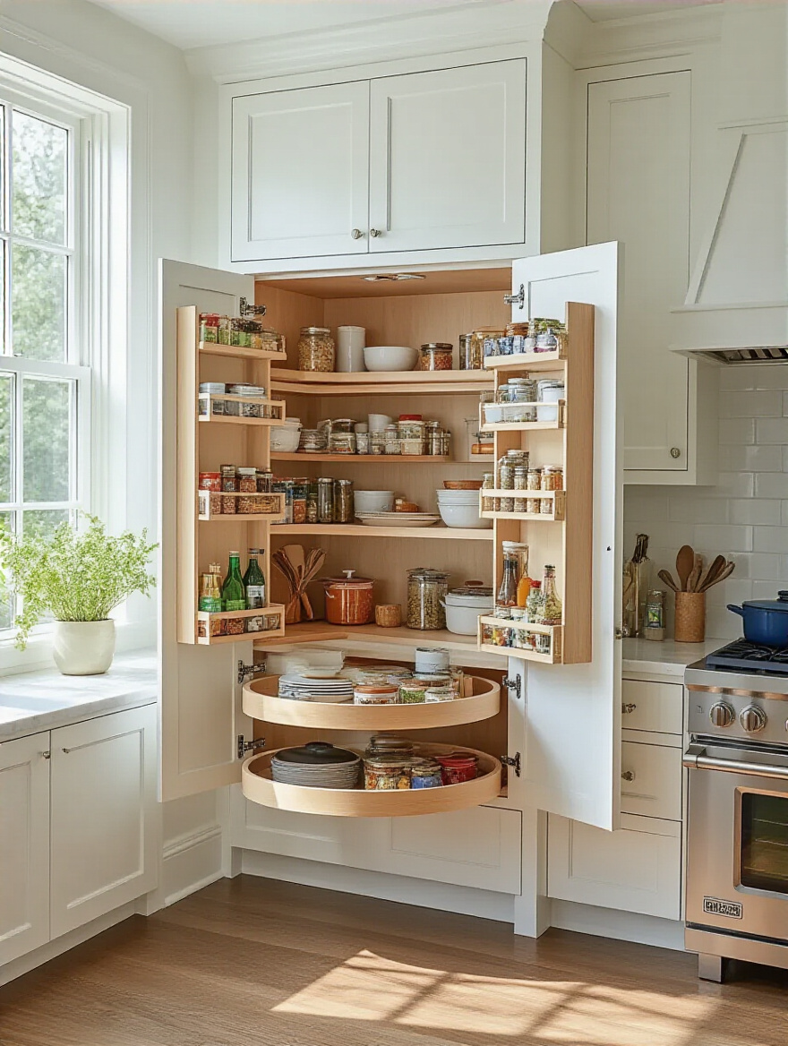 Organized corner cabinet Lazy Susan with rotating shelves displaying various kitchen items.