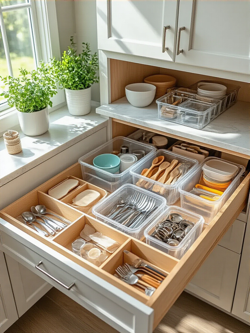 Organized kitchen drawer and cabinet using the One Year Rule decluttering method with clear storage bins and dividers