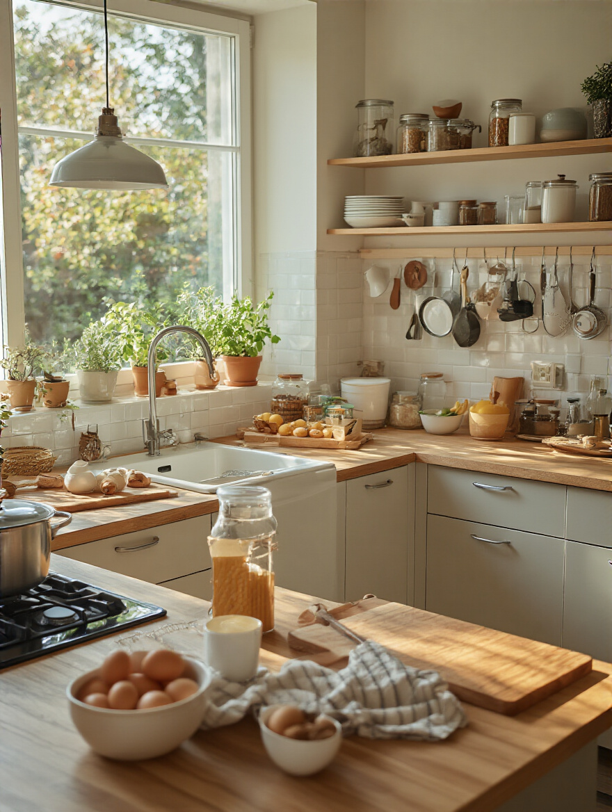 Modern kitchen organized with the Zone Method, showcasing distinct areas for cooking, baking, and cleaning.