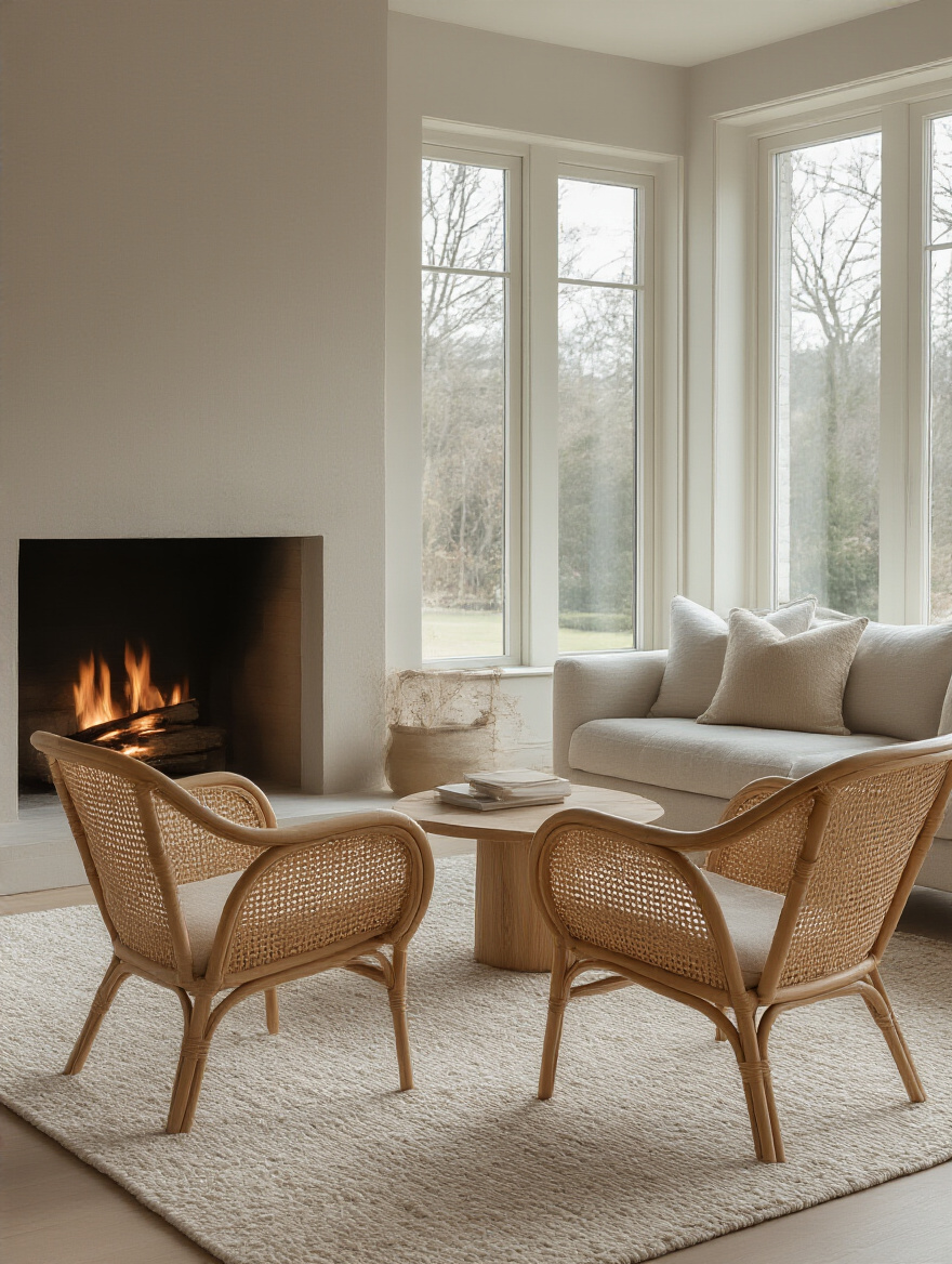 Modern living room with lightweight occasional chairs arranged around a fireplace, showcasing flexible seating