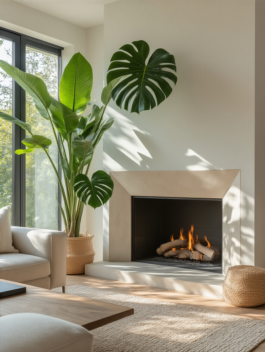 Modern living room with fireplace softened by large Monstera plant