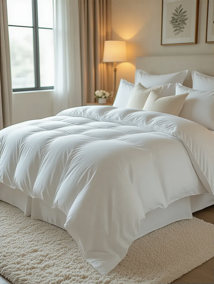 Luxurious white linens on a king-sized bed in an elegantly decorated bedroom