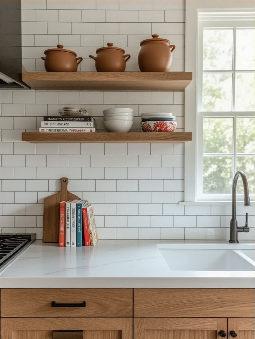 Modern kitchen with white subway tile backsplash and floating oak shelves displaying cookbooks and ceramics