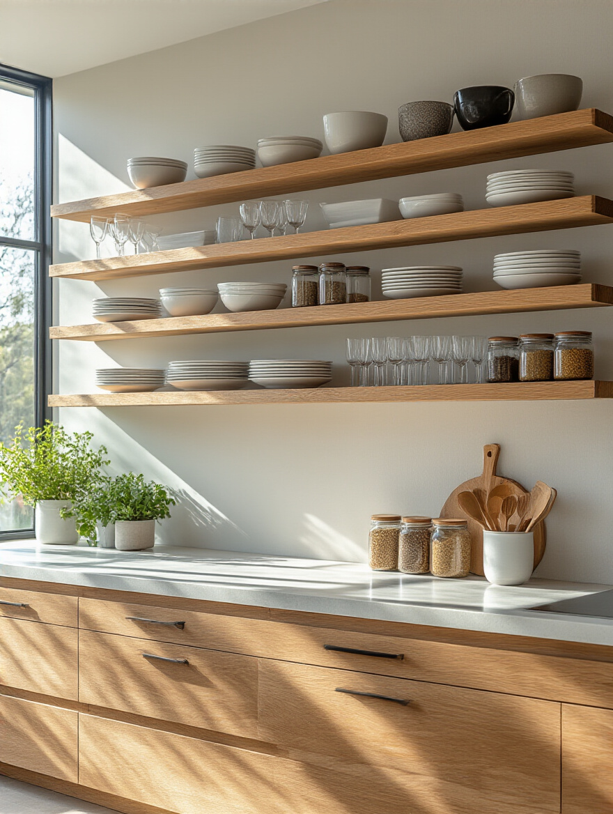 Modern kitchen with wooden open shelving displaying dishes and glassware above countertop, bright and airy interior