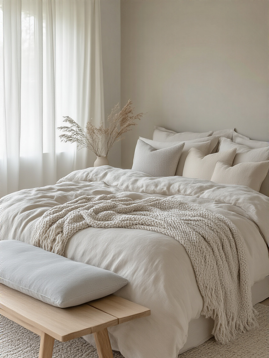 A serene white bedroom featuring soft greys and beige accents for a gentle color variation.