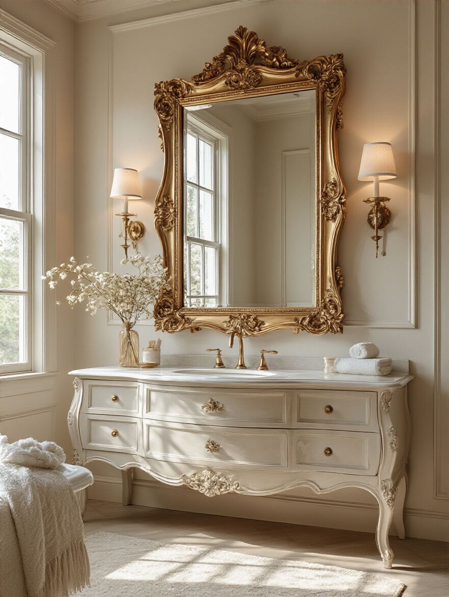 Elegant bathroom with a statement mirror reflecting light and enhancing space.