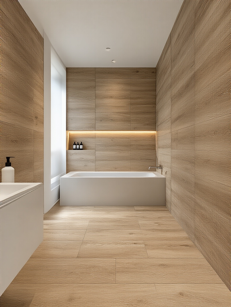 Modern bathroom with warm wood-look porcelain tiles on floor and walls, showcasing realistic wood grain texture and matte finish