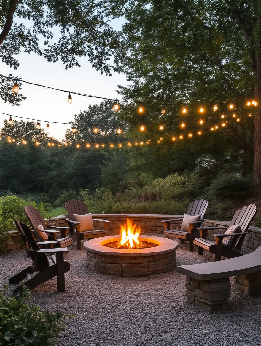 Backyard portrait of a cozy fire pit surrounded by seating with warm lighting at dusk