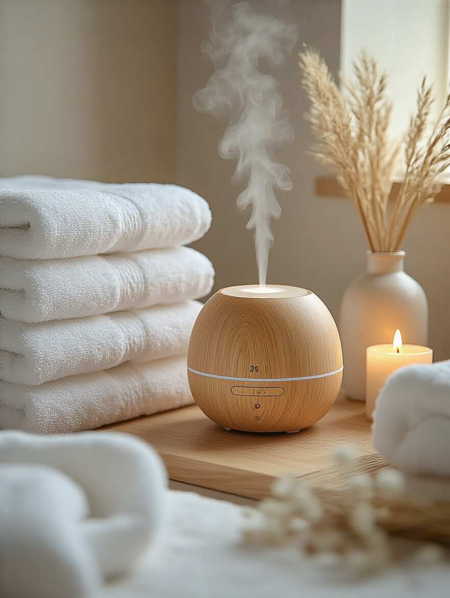 Ultrasonic essential oil diffuser emitting mist in a warm, spa-like bathroom setting with natural decor and soft lighting