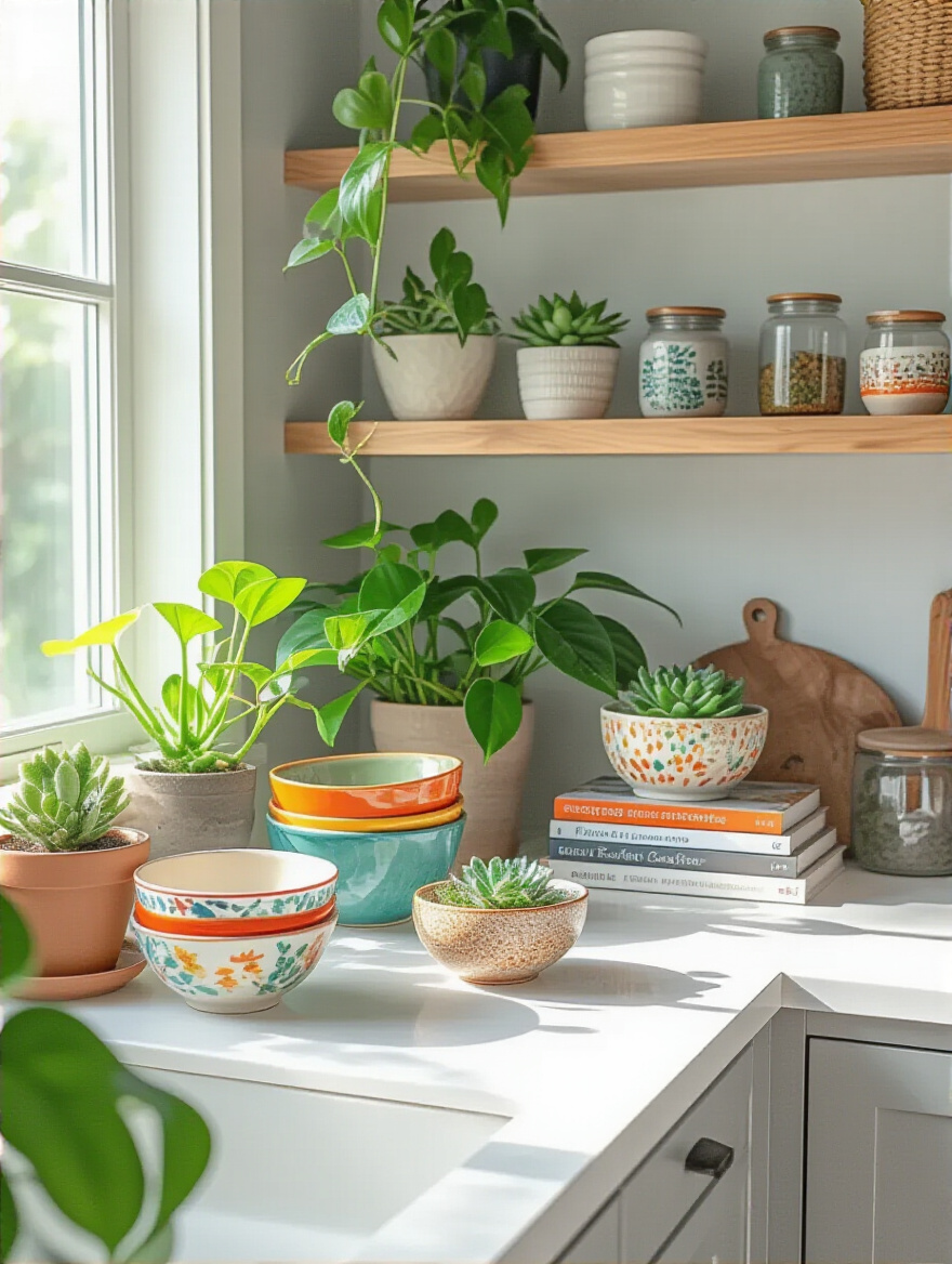 Modern kitchen corner with budget-friendly decorative elements and lush greenery on countertop and shelves