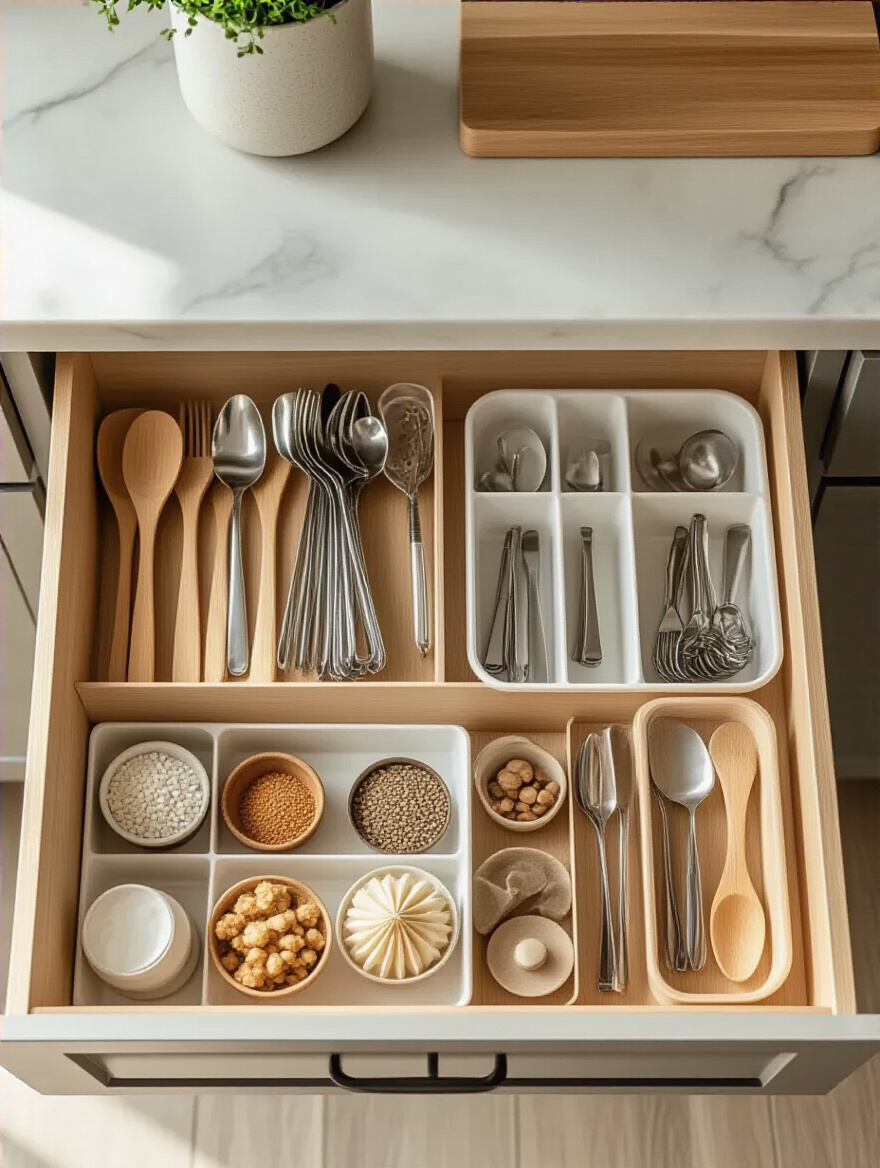 Organized kitchen drawer with deep drawer dividers showcasing various utensils in compartments.
