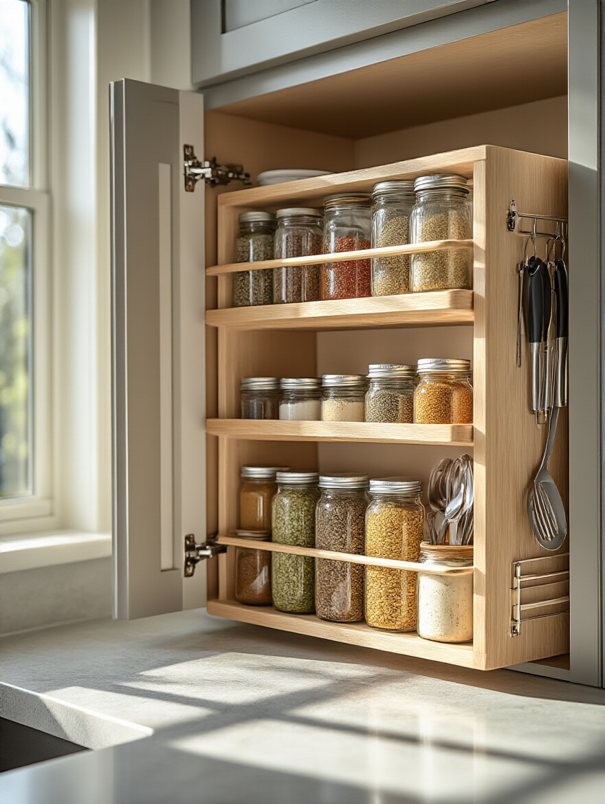 Organized kitchen cabinet with door-mounted spice rack and kitchen tools, showcasing effective storage solutions.
