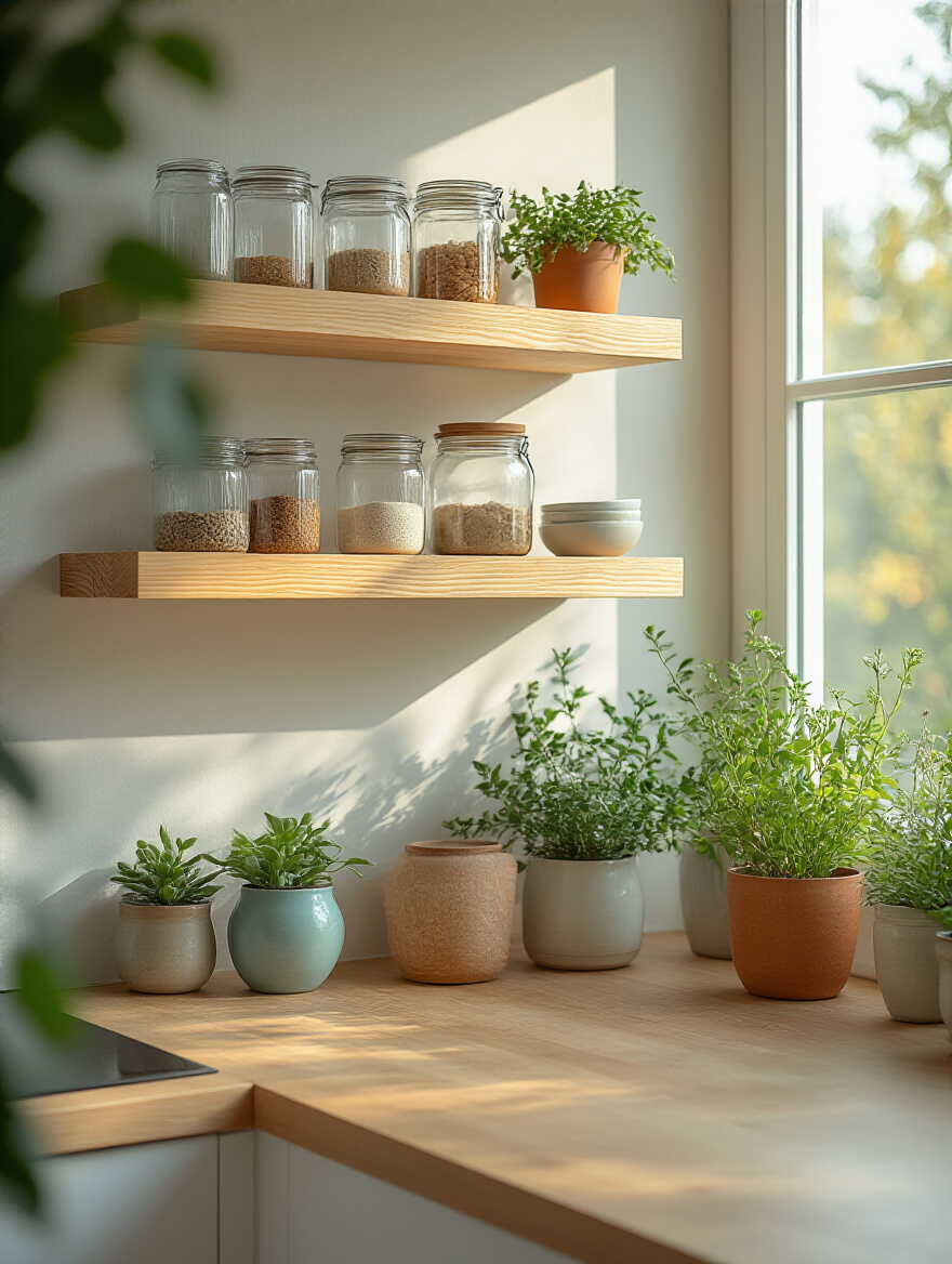 Modern kitchen corner with natural pine floating shelves displaying kitchen items, bright natural light