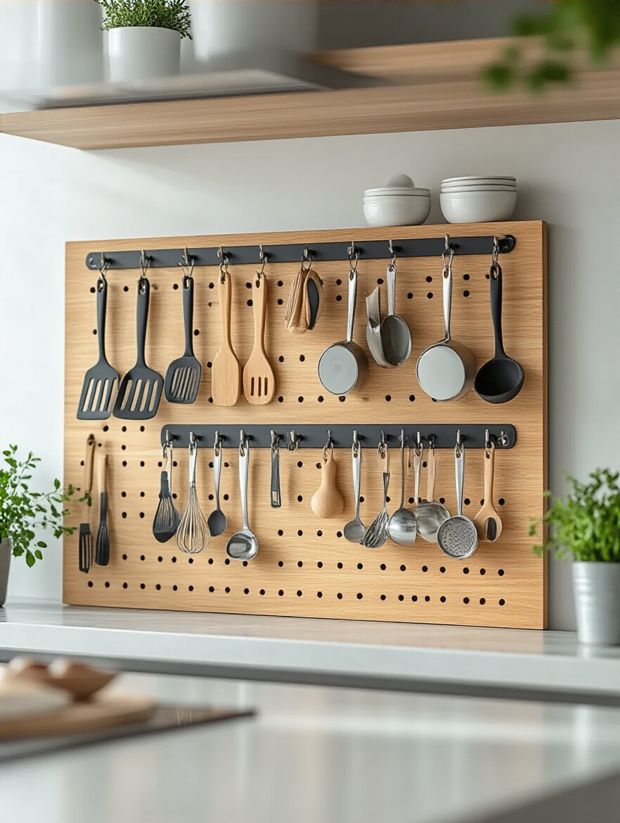 Wooden pegboard panel with hanging kitchen utensils neatly organized for customizable utensil storage