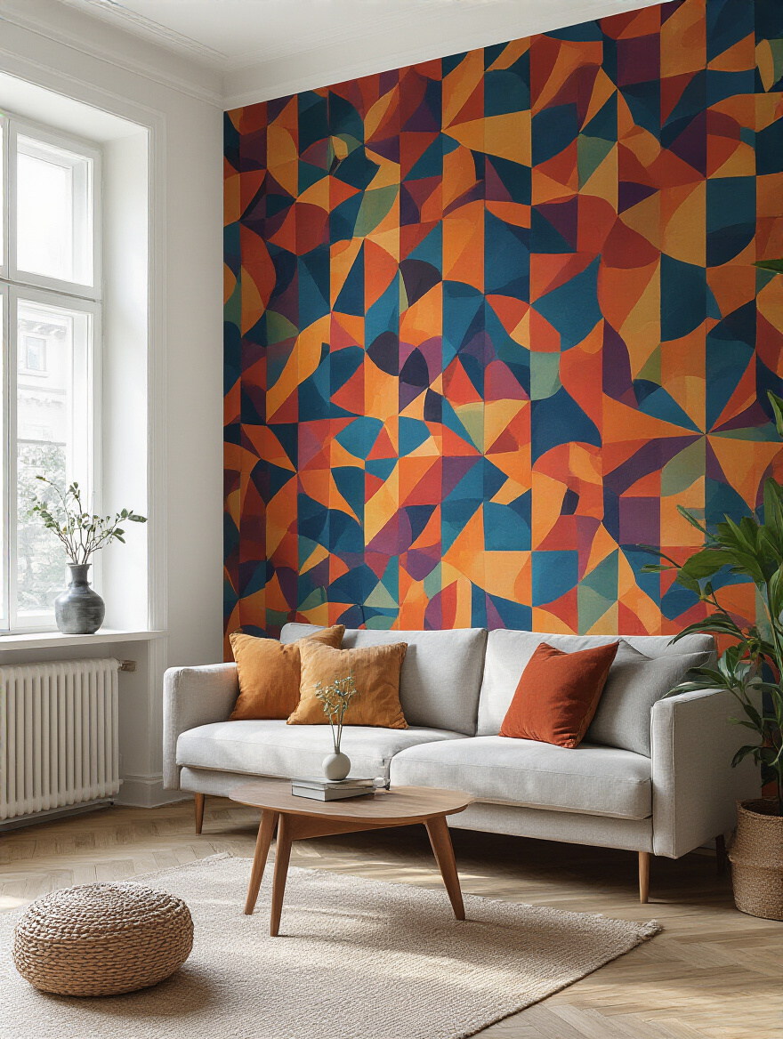 Living room with removable wallpaper accent wall featuring a bold geometric design.