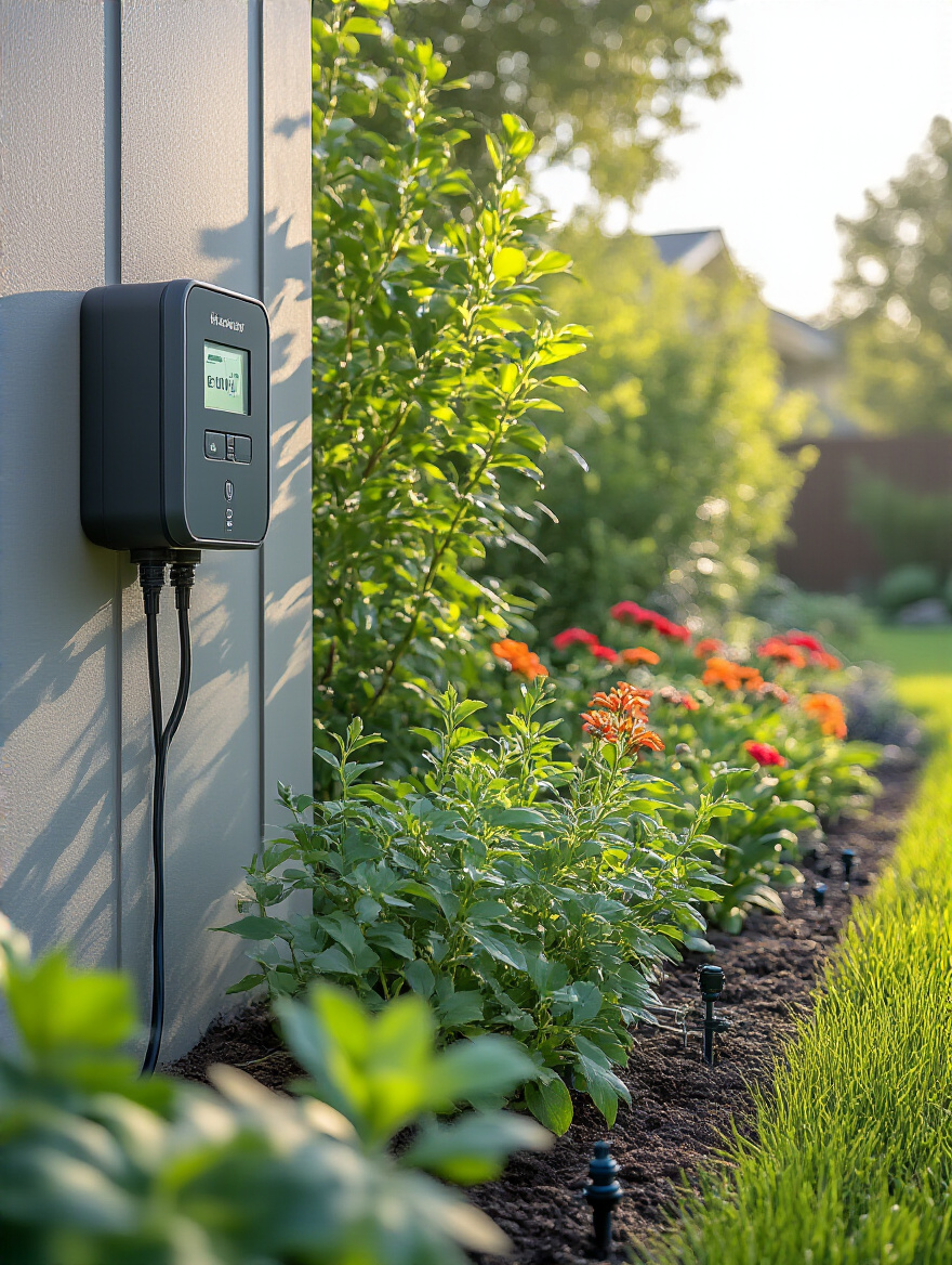Modern backyard smart irrigation system controller with drip irrigation and lush plants in natural morning light
