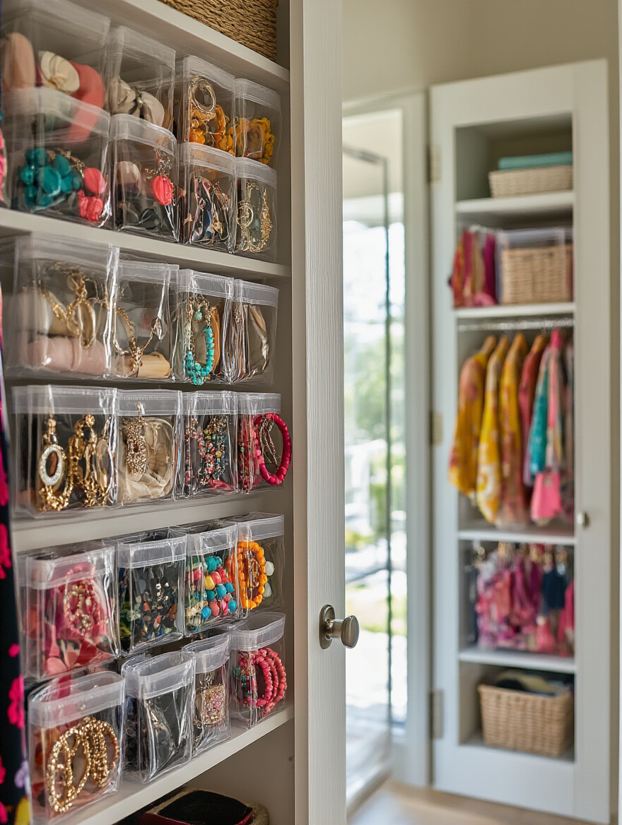 Closet door with clear pocket organizers filled with accessories