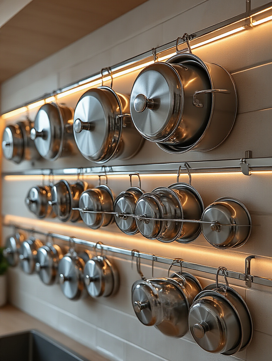 Wall-mounted pot lids organizers in a well-organized kitchen