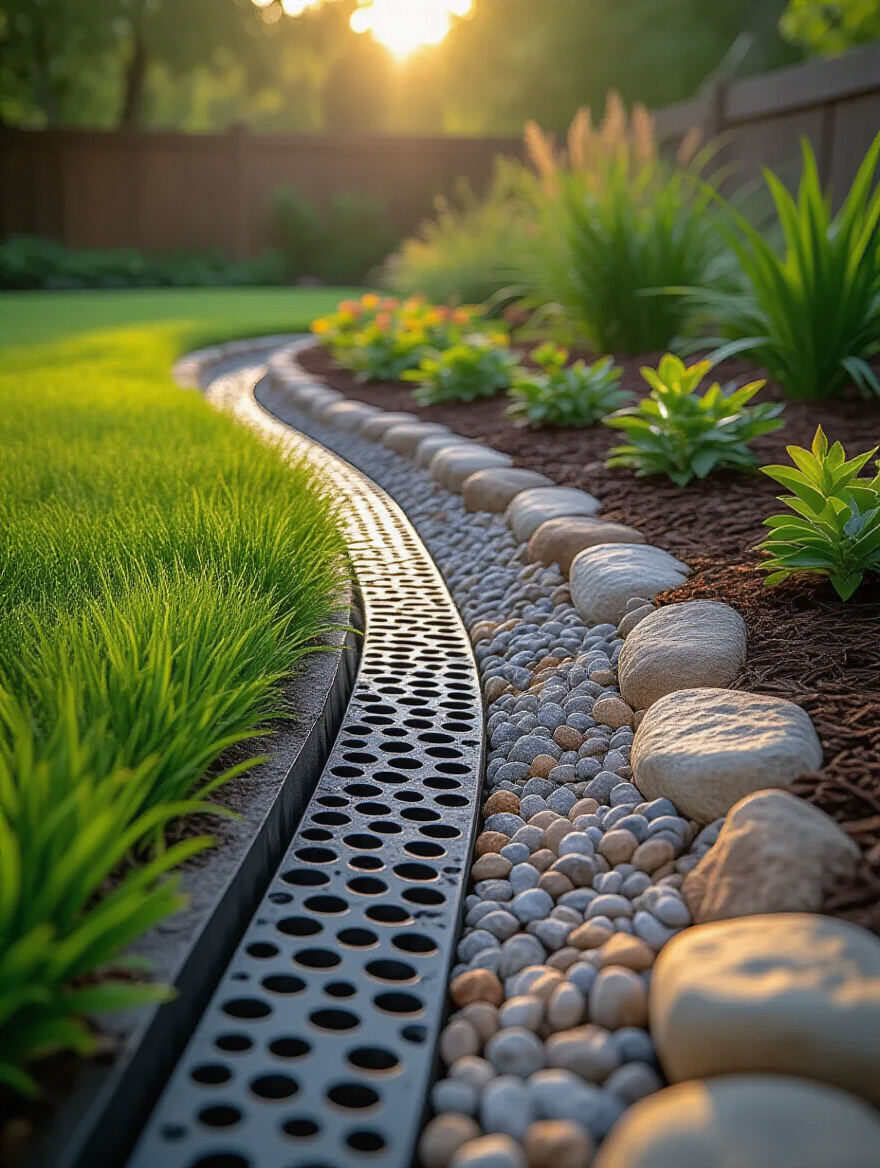 Backyard featuring efficient drainage solutions with French drain and dry creek bed preventing waterlogging