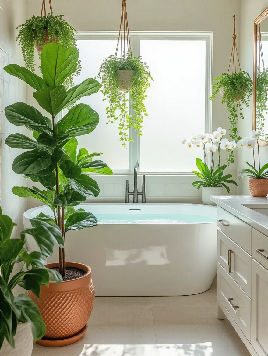 Bright modern bathroom with lush greenery including Fiddle Leaf Fig and orchids enhancing natural vibrancy
