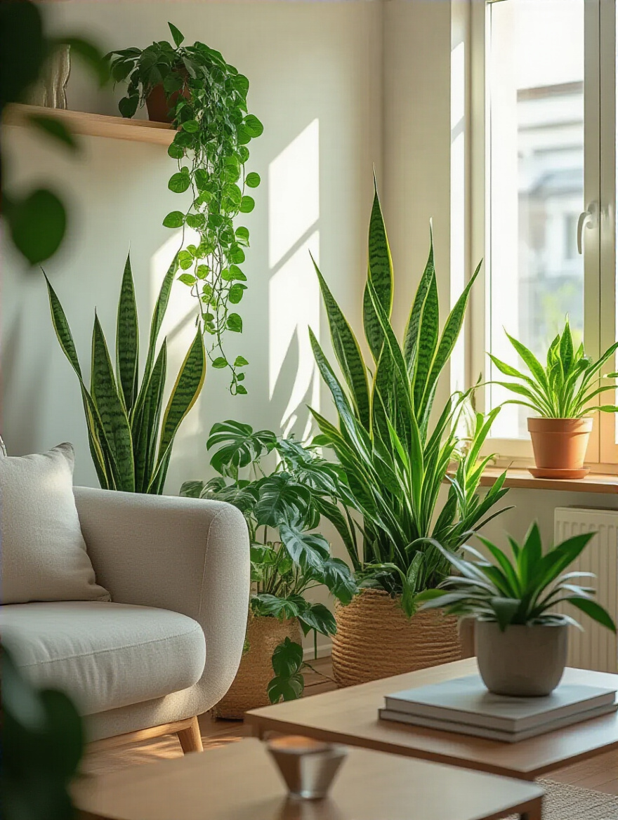 Stylish living room with a variety of indoor plants including Snake Plant, Pothos, and ZZ Plant in bright natural light.