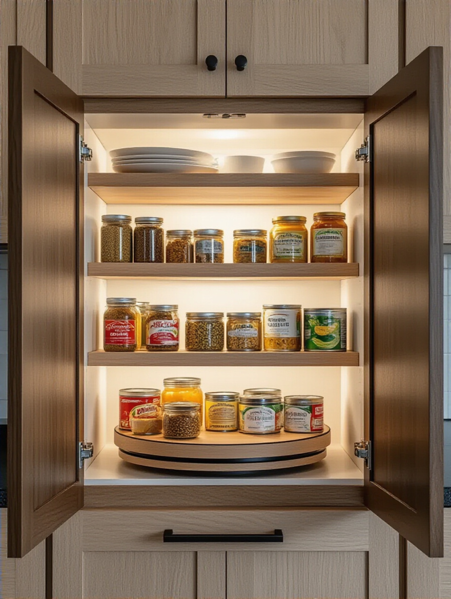 Deep kitchen cabinet with an integrated Lazy Susan turntable showcasing organized spices and canned goods