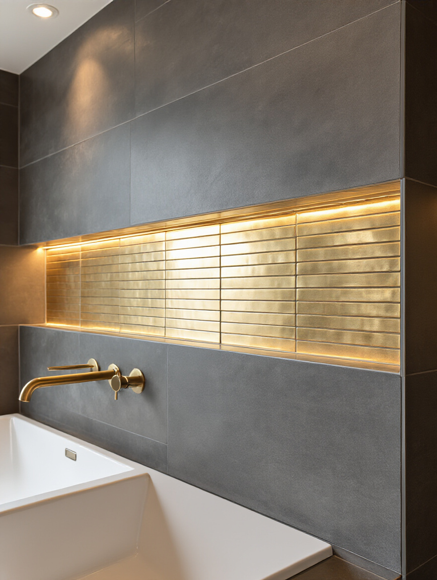 Modern bathroom wall with brushed brass metallic accent tiles integrated into matte charcoal porcelain tiles, illuminated with warm lighting