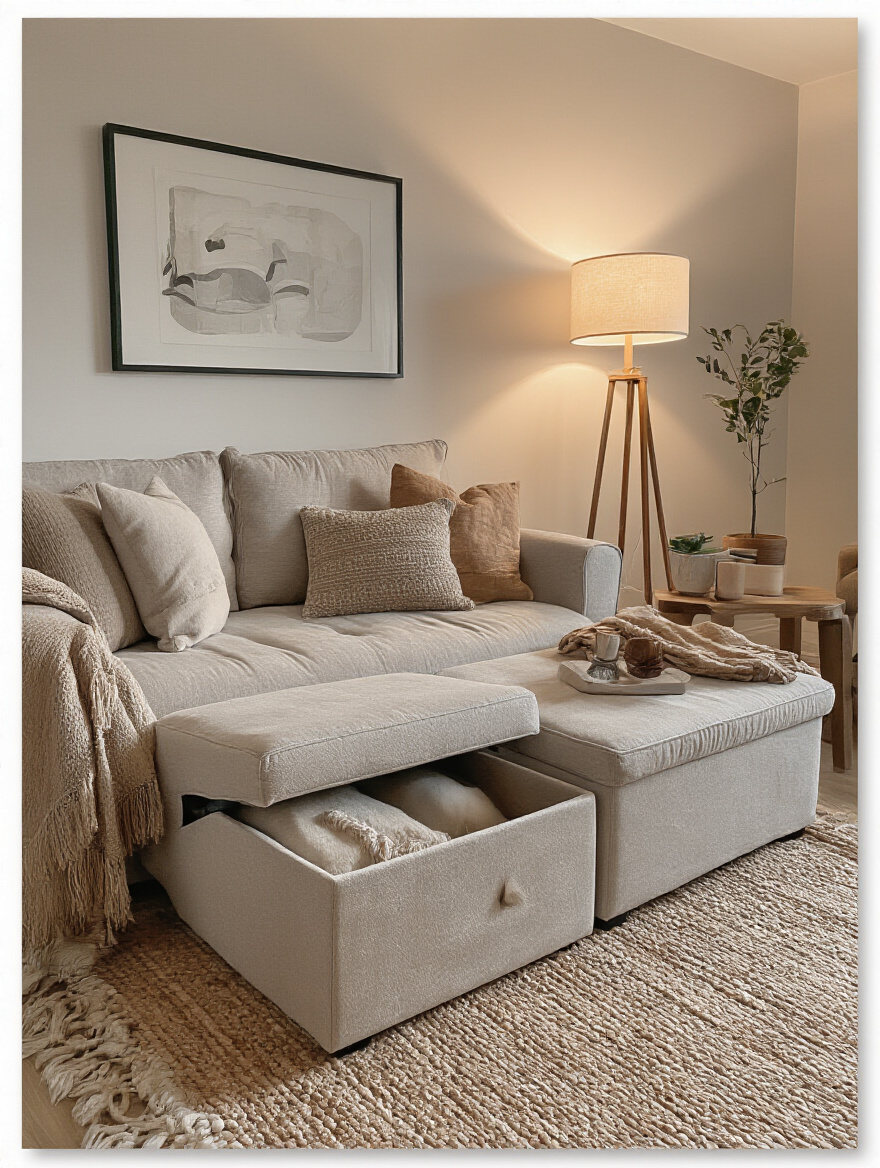 Cozy living room with multi-functional sofa bed and storage ottoman