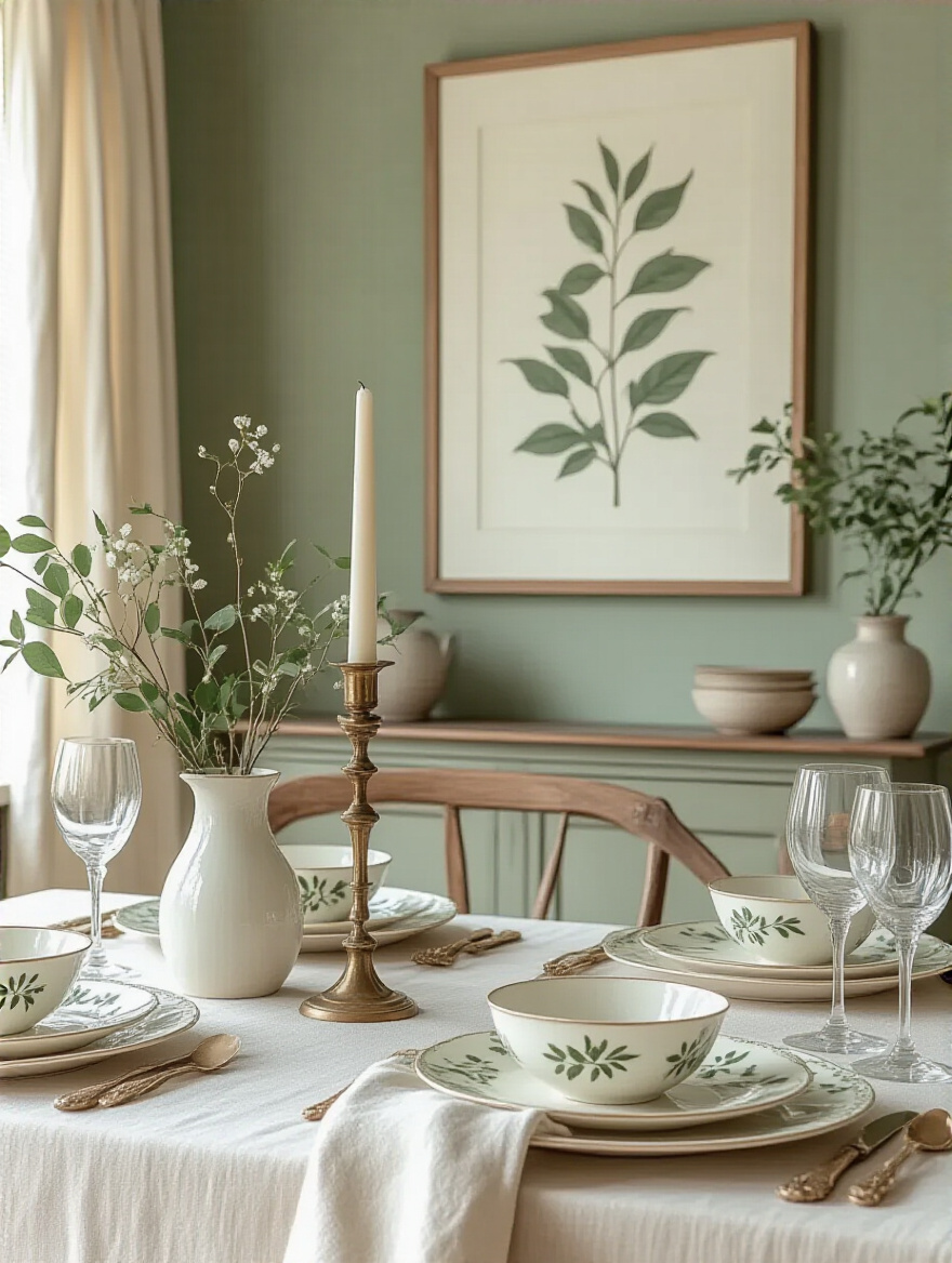Elegant dining room with sage green walls and coordinated accessories