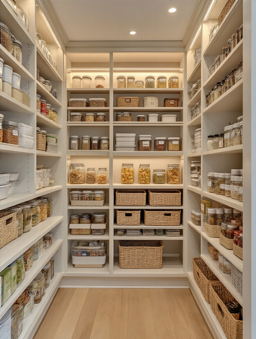 Well-organized pantry cabinets filled with labeled containers and jars in a modern kitchen.