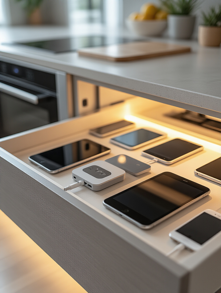 Modern kitchen cabinetry with integrated charging station and sensors, showcasing smart technology for convenience.