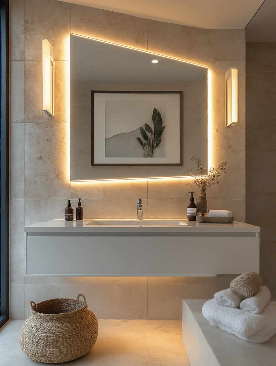 Modern bathroom with smart lighting fixtures highlighting wall decor
