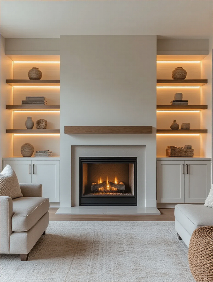 Modern living room portrait showing a fireplace flanked by smart built-in storage cabinets and floating shelves with integrated lighting, highlighting a clutter-free and balanced design.