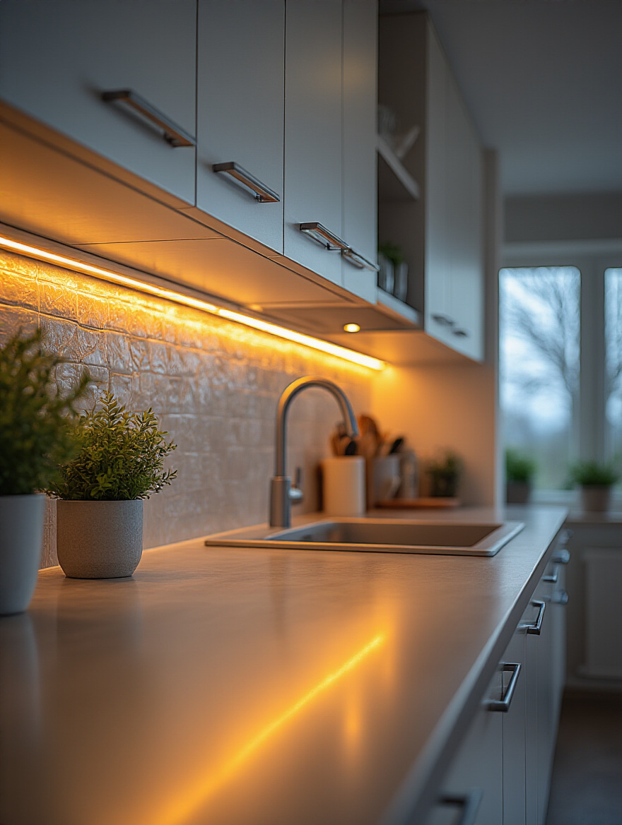 Modern kitchen countertop with warm under-cabinet LED strip lighting illuminating workspace and backsplash