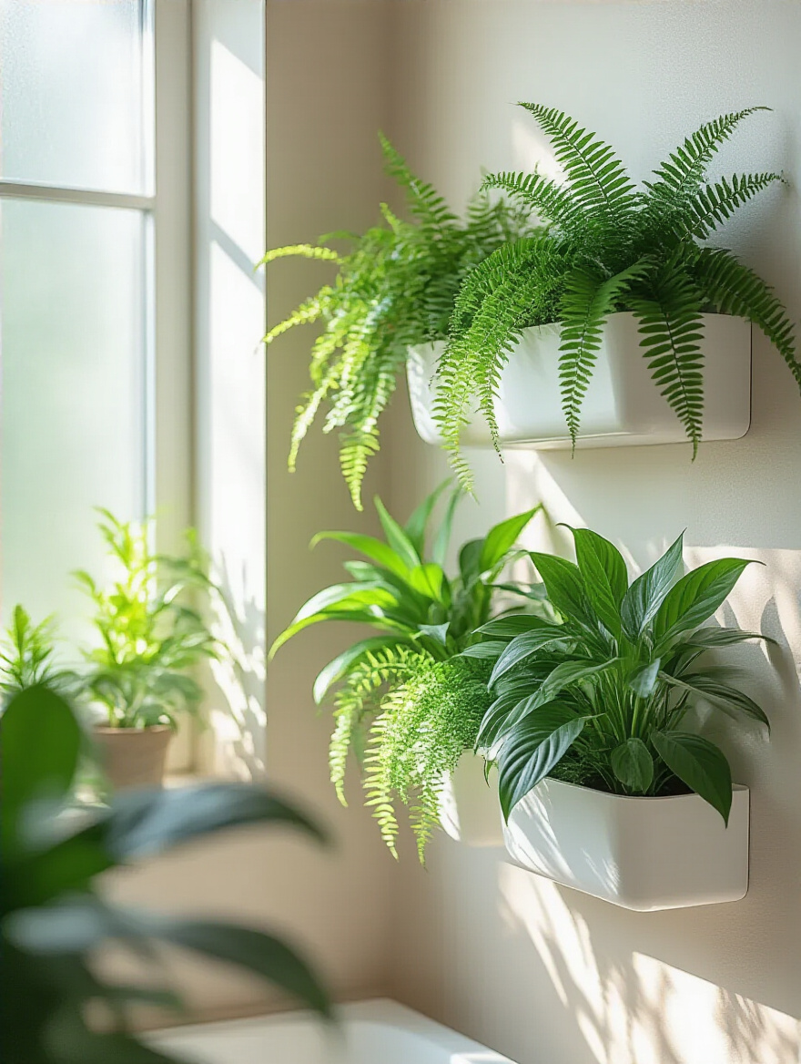 Bathroom wall planters with humidity-loving plants, illuminated by natural light.