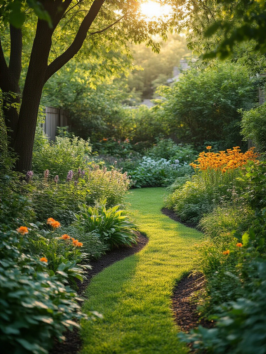 Portrait photo of a backyard garden showcasing diverse native plant species supporting local ecosystems and wildlife with layered vegetation and warm natural lighting.