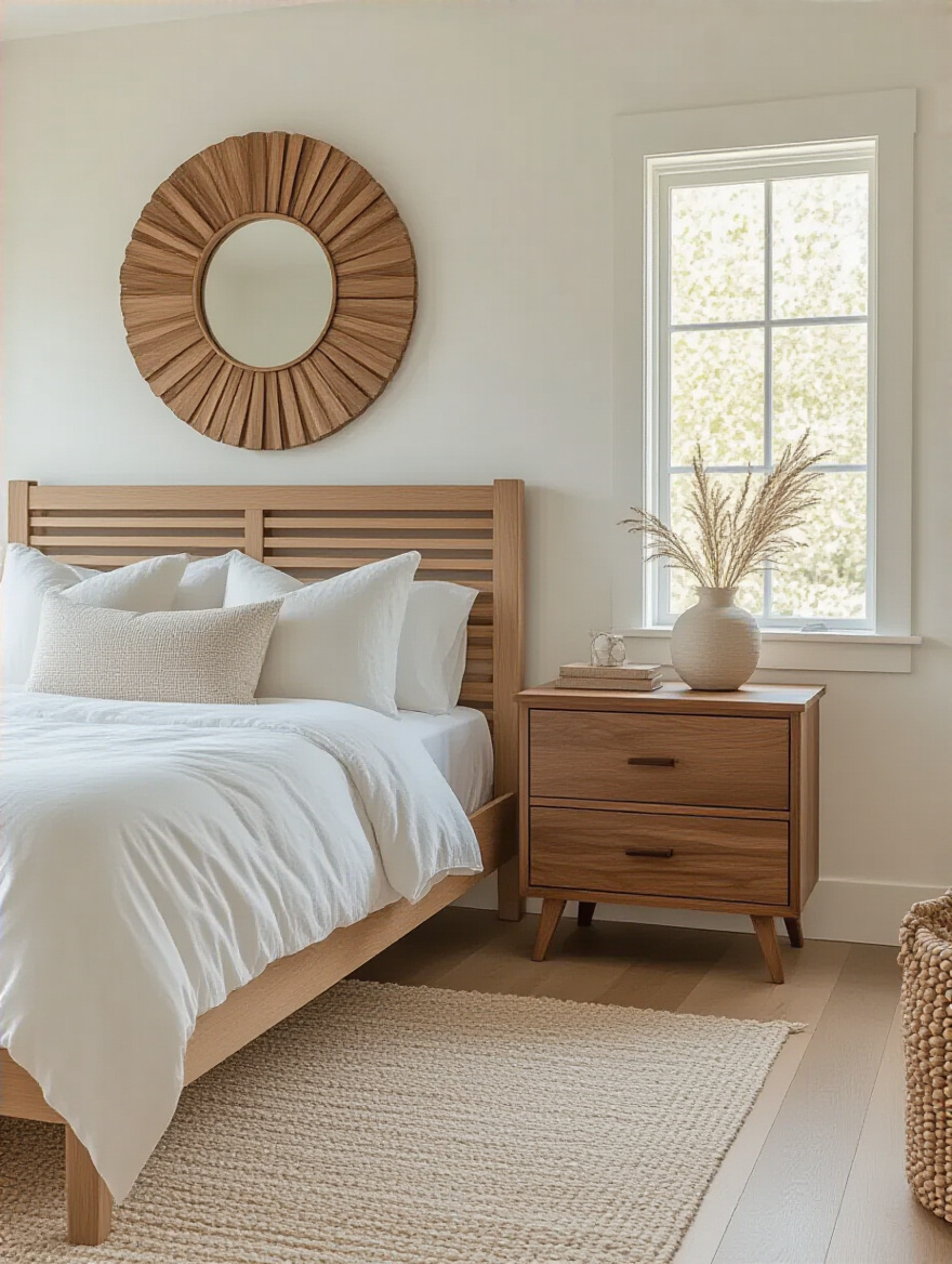 A cozy white bedroom featuring warm wood tones in the furniture and decor.