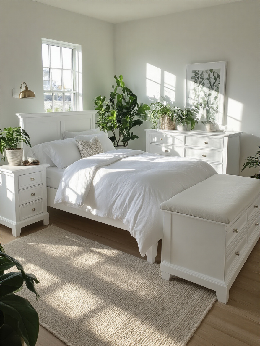 Bright white bedroom featuring core white furniture including a bed, nightstands, and dresser.