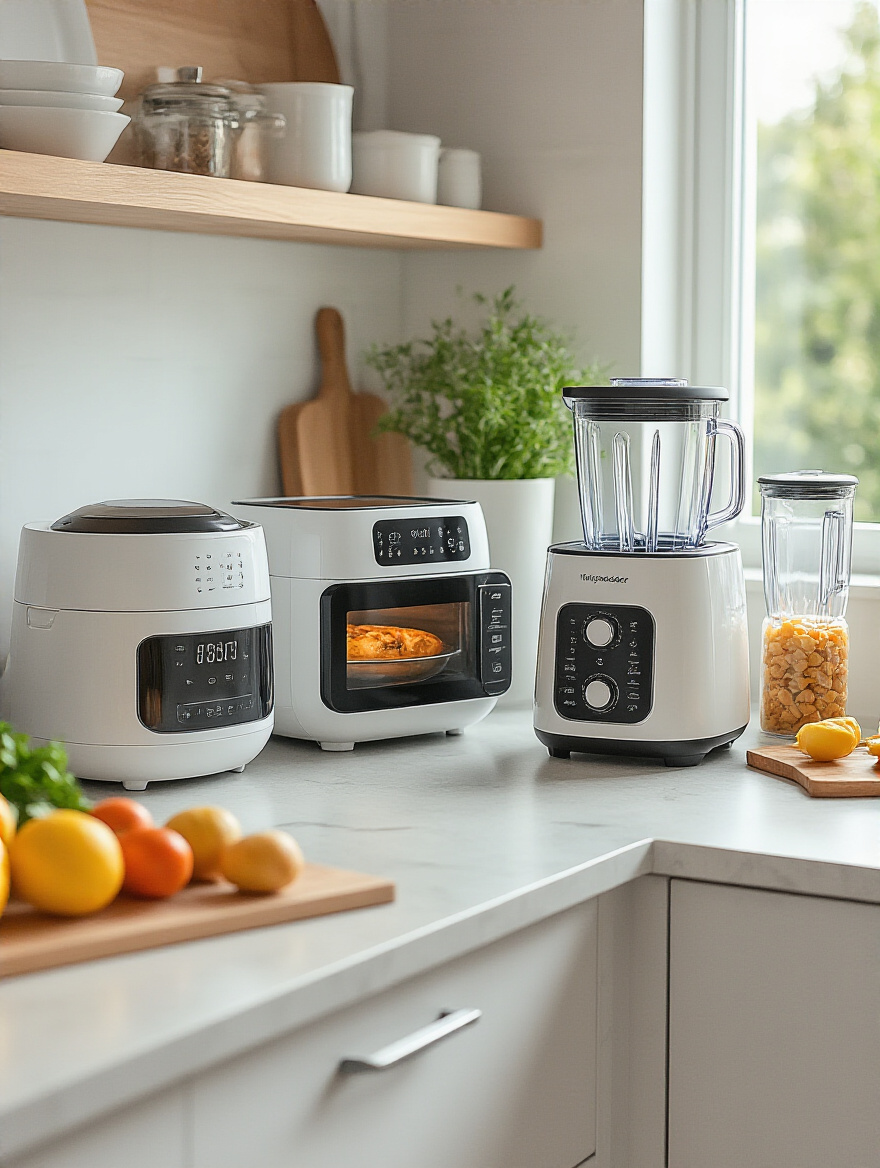 Modern kitchen countertop with multi-functional small appliances for space-saving.