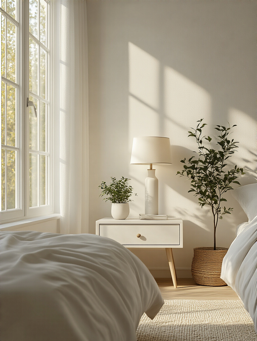 Minimalist bedroom with clutter-free surfaces featuring a nightstand and natural light