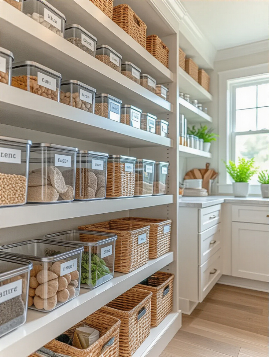 Neatly labeled kitchen bins and shelves for quick item retrieval in a modern pantry