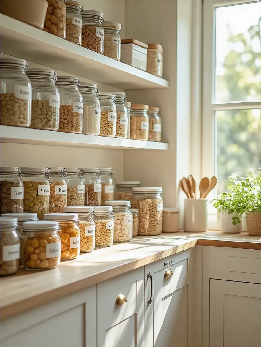Organized kitchen with clearly labeled containers on shelves