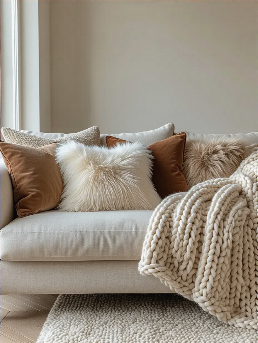 Cozy living room with layered throws and pillows on a sofa