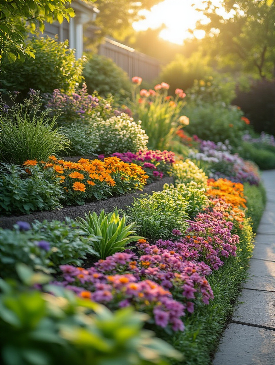 Layered backyard planting beds with diverse plants showing distinct height tiers and vibrant colors under warm sunlight