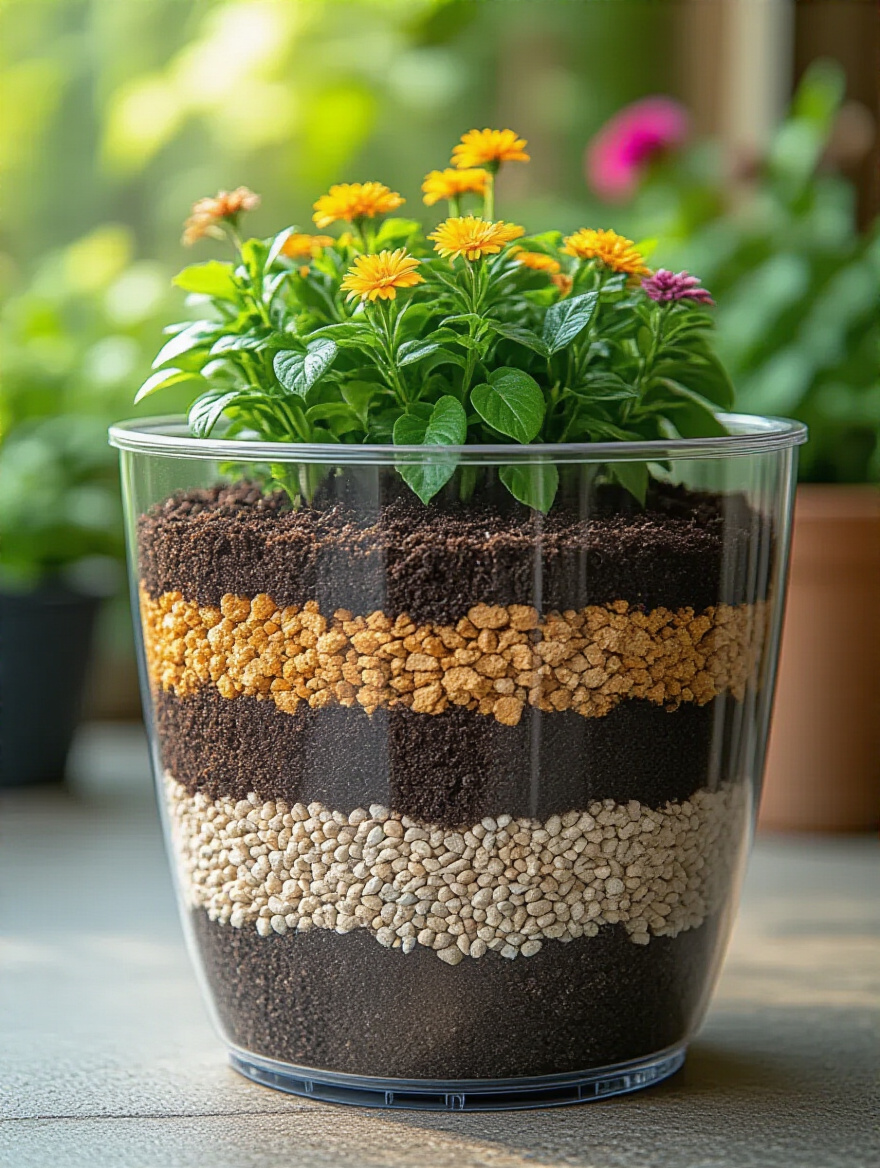 Close-up portrait photo of a patio planter with visible distinct layers of potting media including gravel, potting mix, compost, and mulch in a vibrant outdoor garden setting